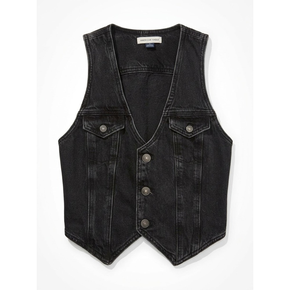 American Eagle Denim Vest Women XS Black Washed Button Up Cinch Back 73784526
